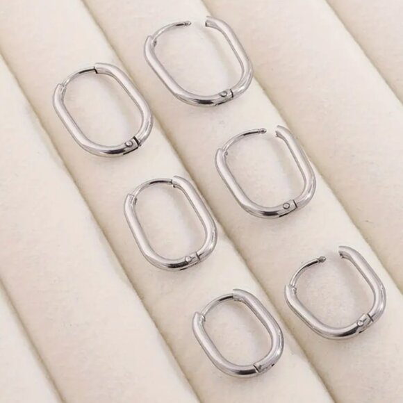 Stainless Steel - 3 Pair Squoval Hoop Bundle - Lever Clicker Back - Picture 3 of 3